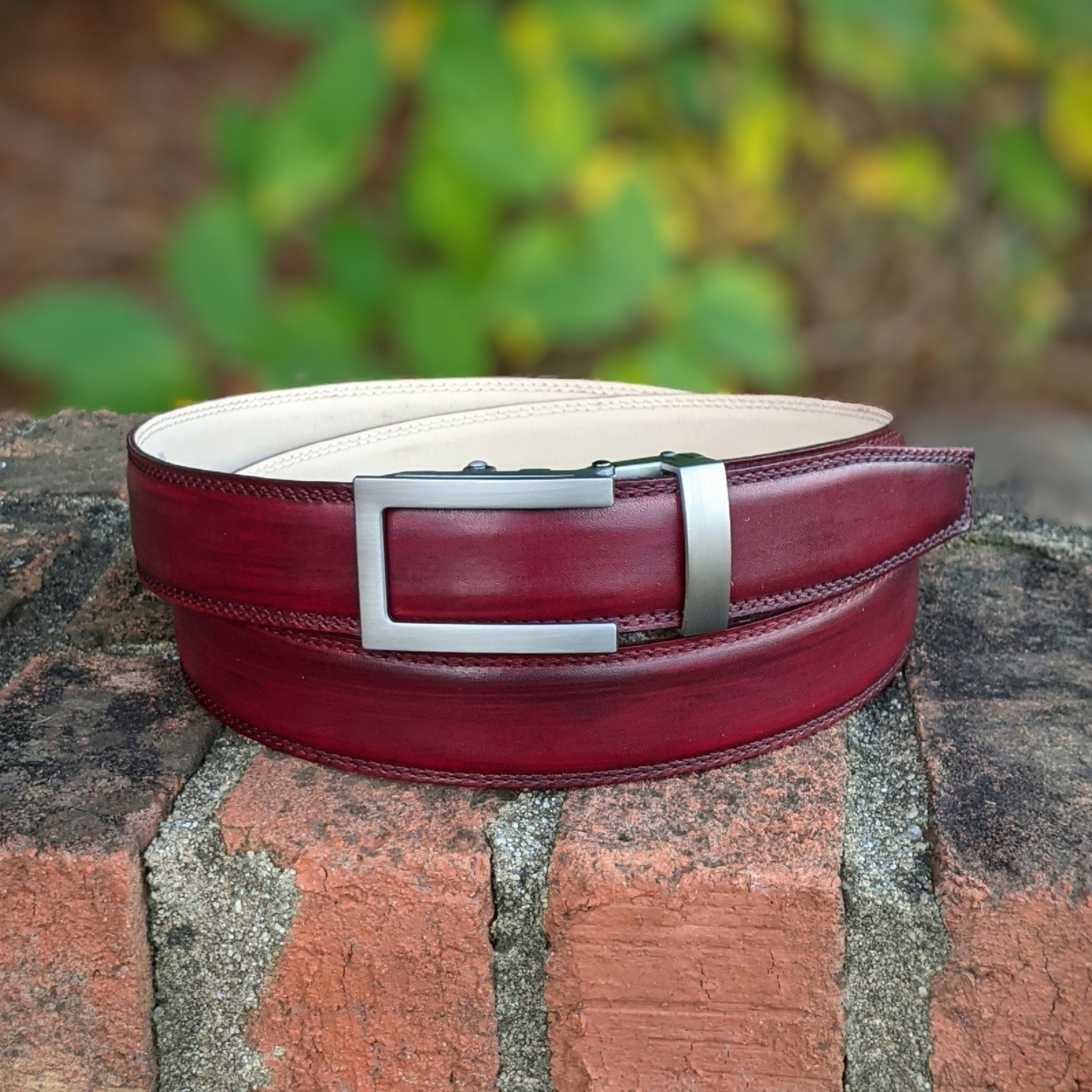Handmade Italian leather Ruby Red Patina Belt with ratchet closure by Michael Darren Shoes
