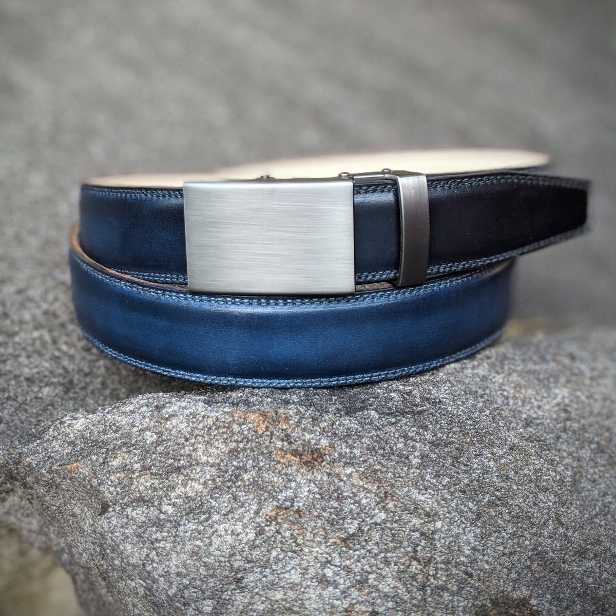 Handmade Italian leather Sapphire Blue Patina Belt with ratchet closure by Michael Darren Shoes