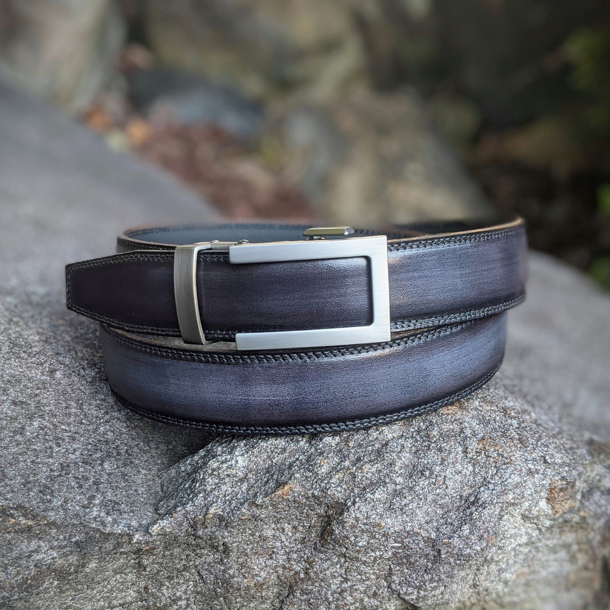 Handmade Italian leather Smoke Grey Patina Belt with ratchet closure by Michael Darren Shoes