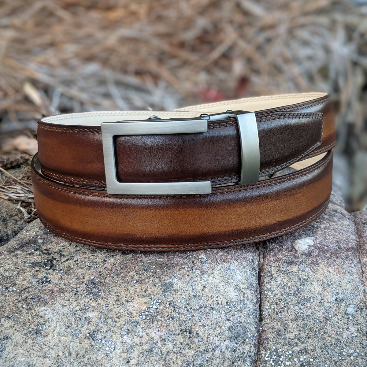 Handmade Italian leather Walnut Patina Belt with ratchet closure by Michael Darren Shoes