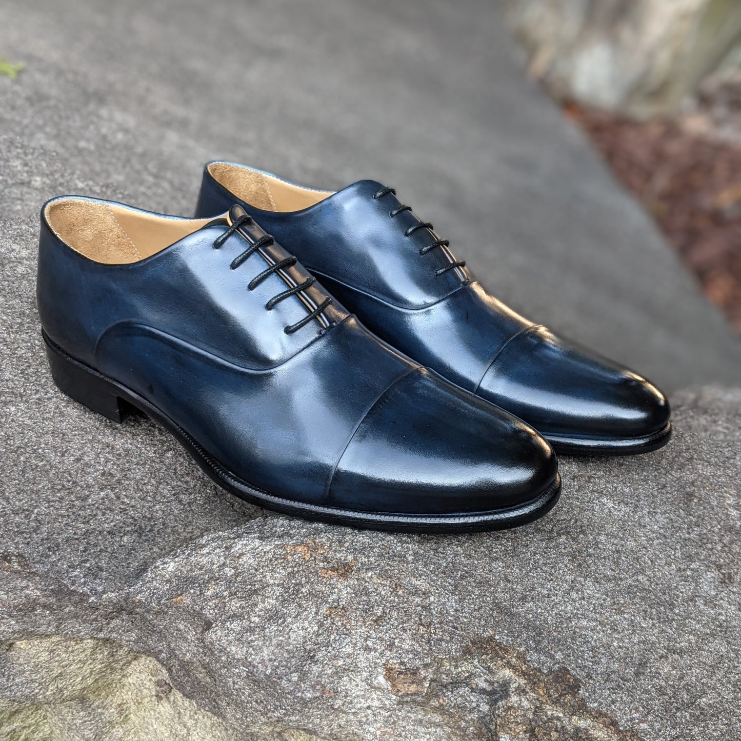Handmade Italian leather Sapphire Blue Cap Toe Oxford, men's dress shoe by Michael Darren Shoes