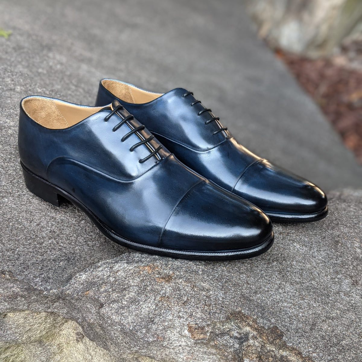 Handmade Italian leather Sapphire Blue Cap Toe Oxford, men's dress shoe by Michael Darren Shoes