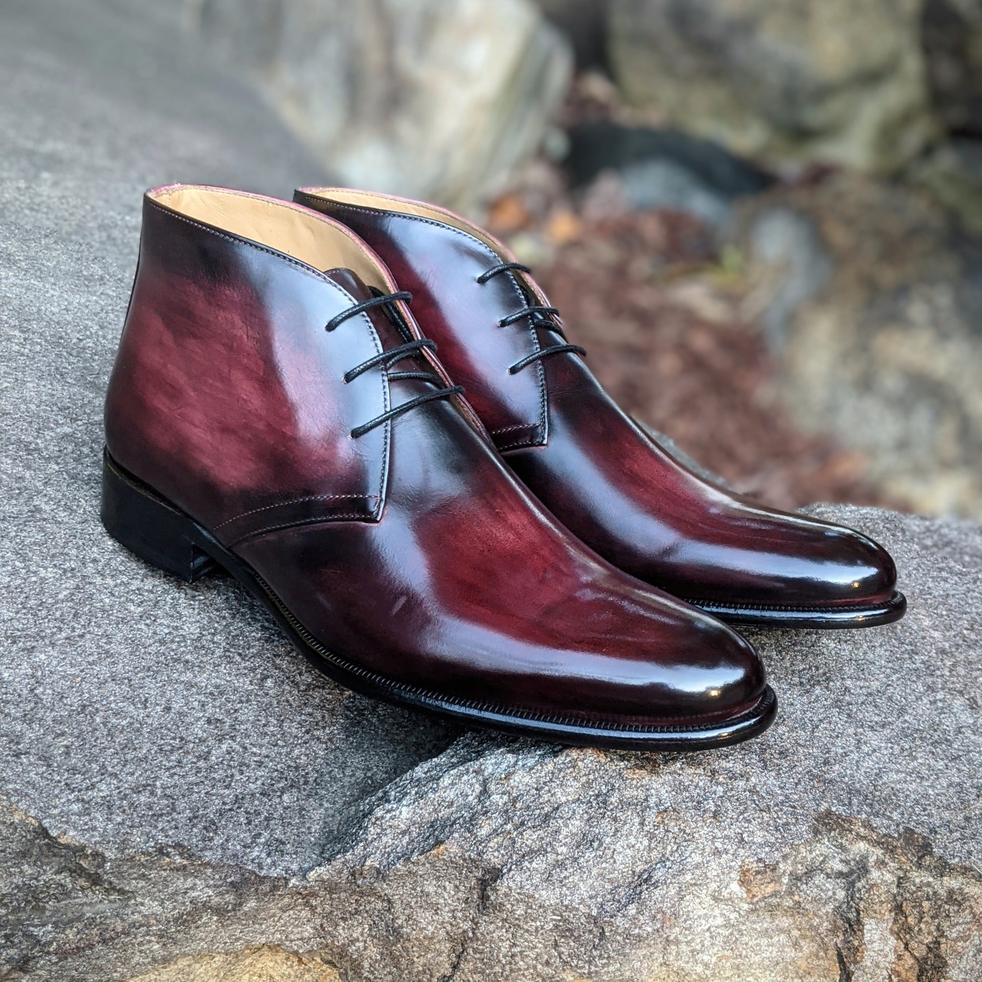 Handmade Italian leather Black Cherry Chukka boot with lace up closure, men's dress boot by Michael Darren Shoes