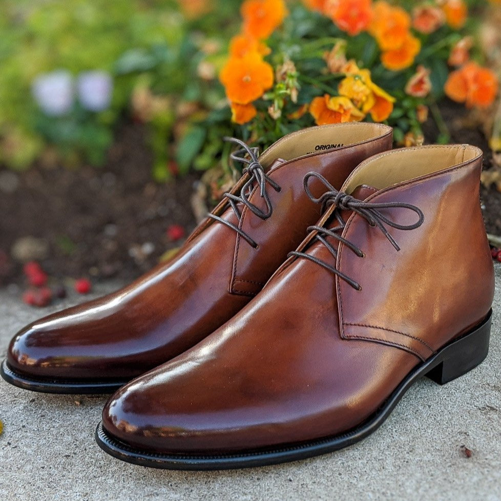Handmade Italian leather Cognac Chukka boot with lace up closure, men's dress boot by Michael Darren Shoes