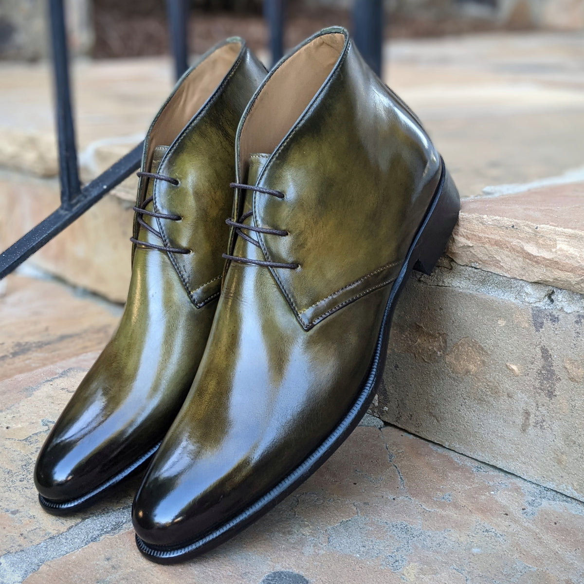 Handmade Italian leather Olive Green Chukka boot with lace up closure, men's dress boot by Michael Darren Shoes