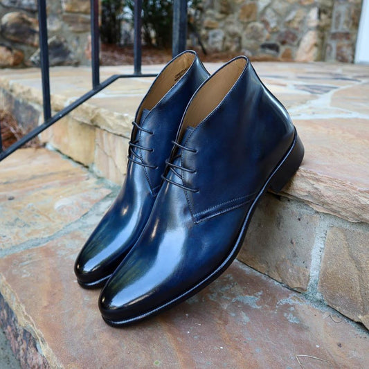 Handmade Italian leather Sapphire blue Chukka boot with lace up closure, men's dress boot by Michael Darren Shoes