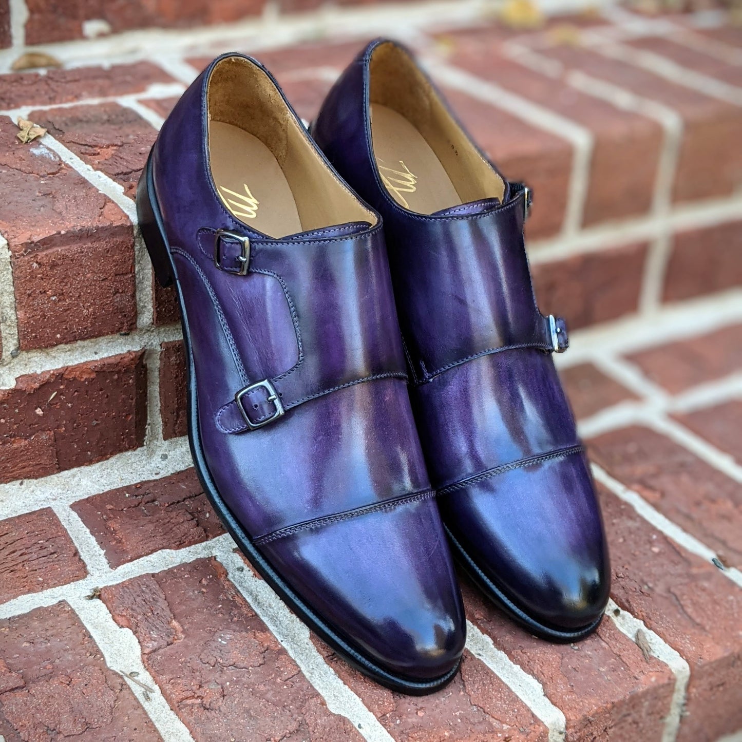 Handmade Italian leather Aubergine Double Monkstrap with double buckle closure, men's dress shoe by Michael Darren Shoes