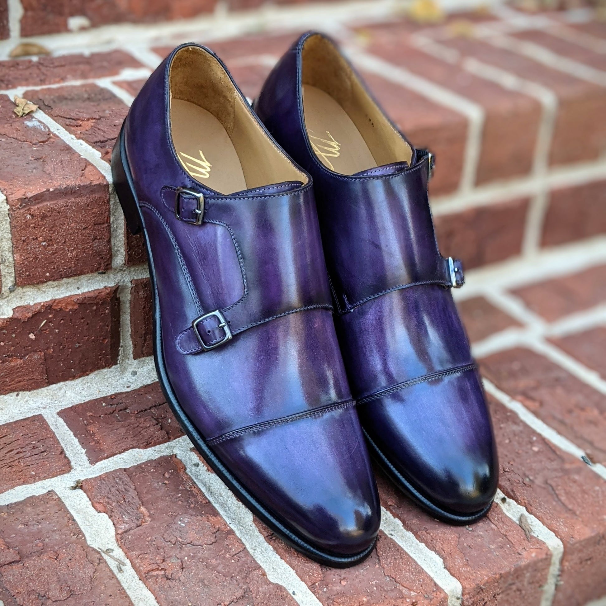 Handmade Italian leather Aubergine Double Monkstrap with double buckle closure, men's dress shoe by Michael Darren Shoes