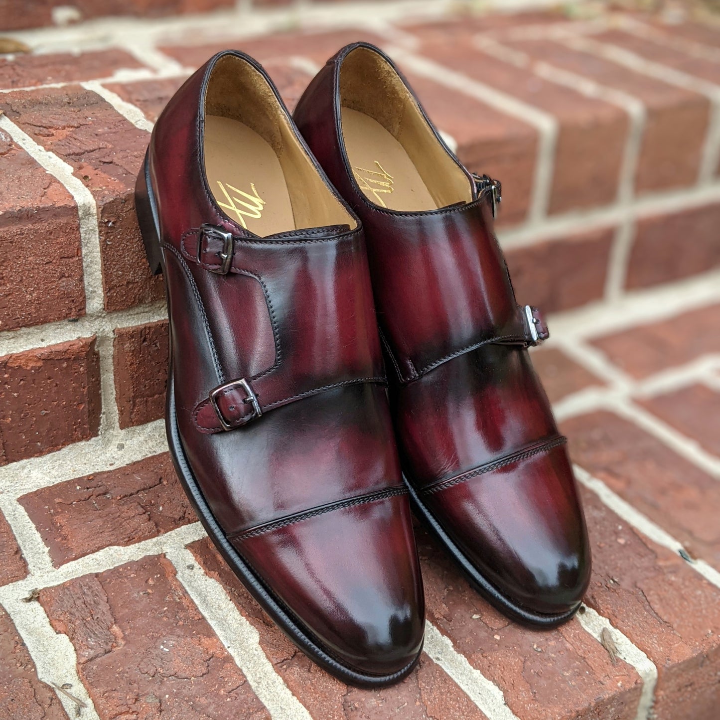 Handmade Italian leather Black Cherry Double Monkstrap with double buckle closure, men's dress shoe by Michael Darren Shoes