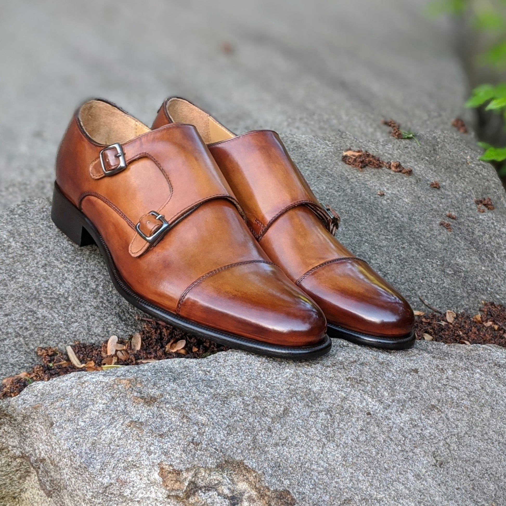 Handmade Italian leather Cognac Double Monkstrap with double buckle closure, men's dress shoe by Michael Darren Shoes