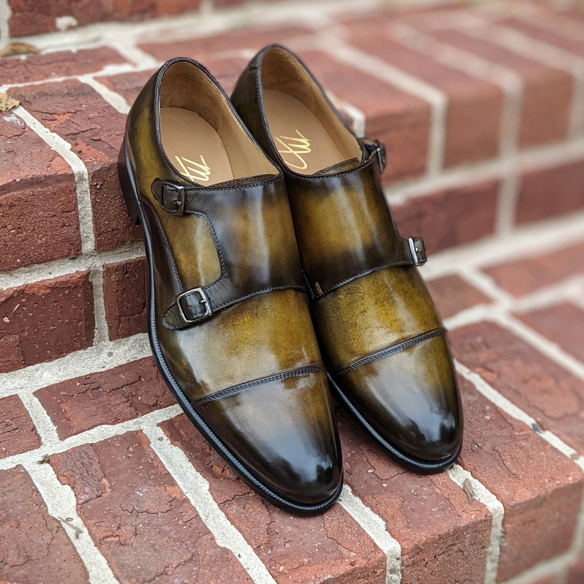 Handmade Italian leather Olive Green Double Monkstrap with double buckle closure, men's dress shoe by Michael Darren Shoes