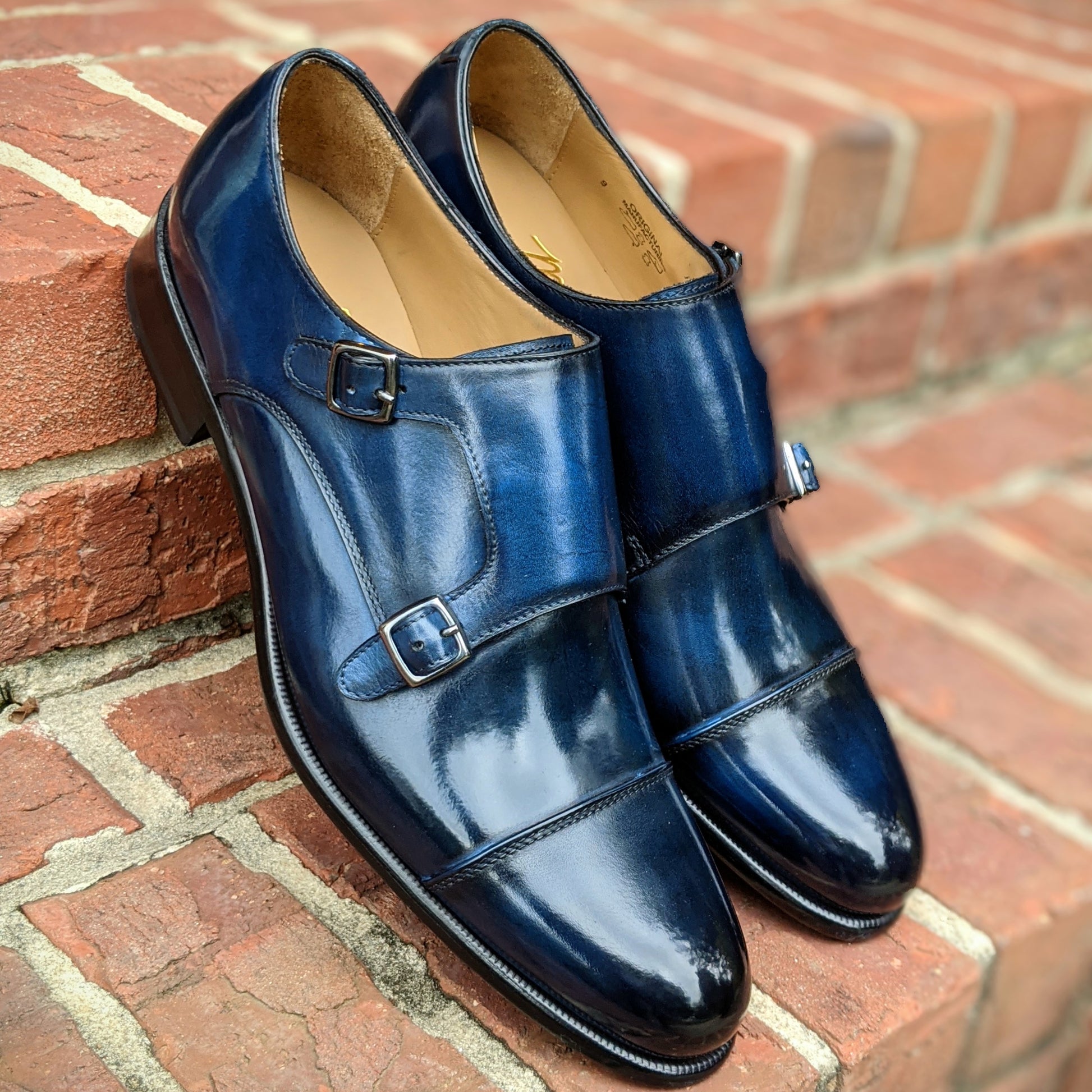 Handmade Italian leather Sapphire Blue Double Monkstrap with double buckle closure, men's dress shoe by Michael Darren Shoes