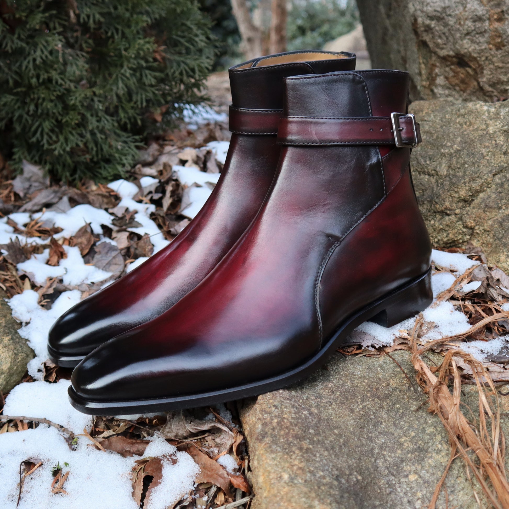 Handmade Italian leather Black Cherry Jodhpur Boot with buckle closure, men's dress boot by Michael Darren Shoes