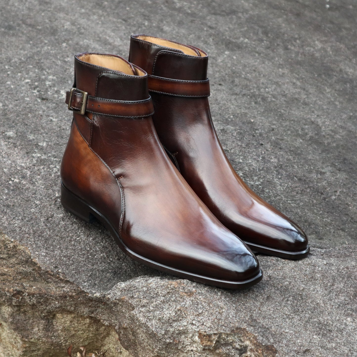 Handmade Italian leather Walnut Jodhpur Boot with buckle closure, men's dress boot by Michael Darren Shoes
