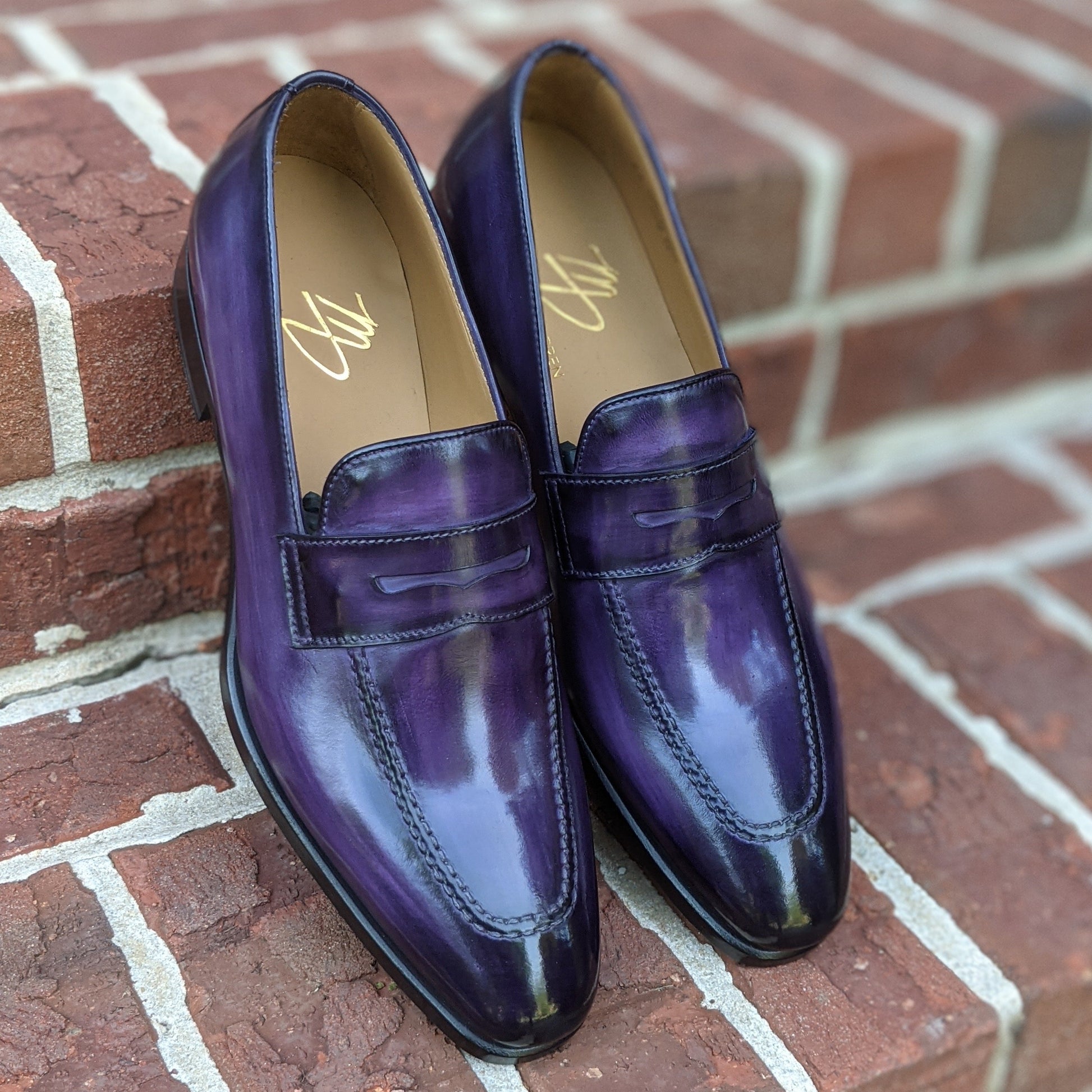 Handmade Italian leather Aubergine Penny Loafer with penny strap, men's dress shoe by Michael Darren Shoes