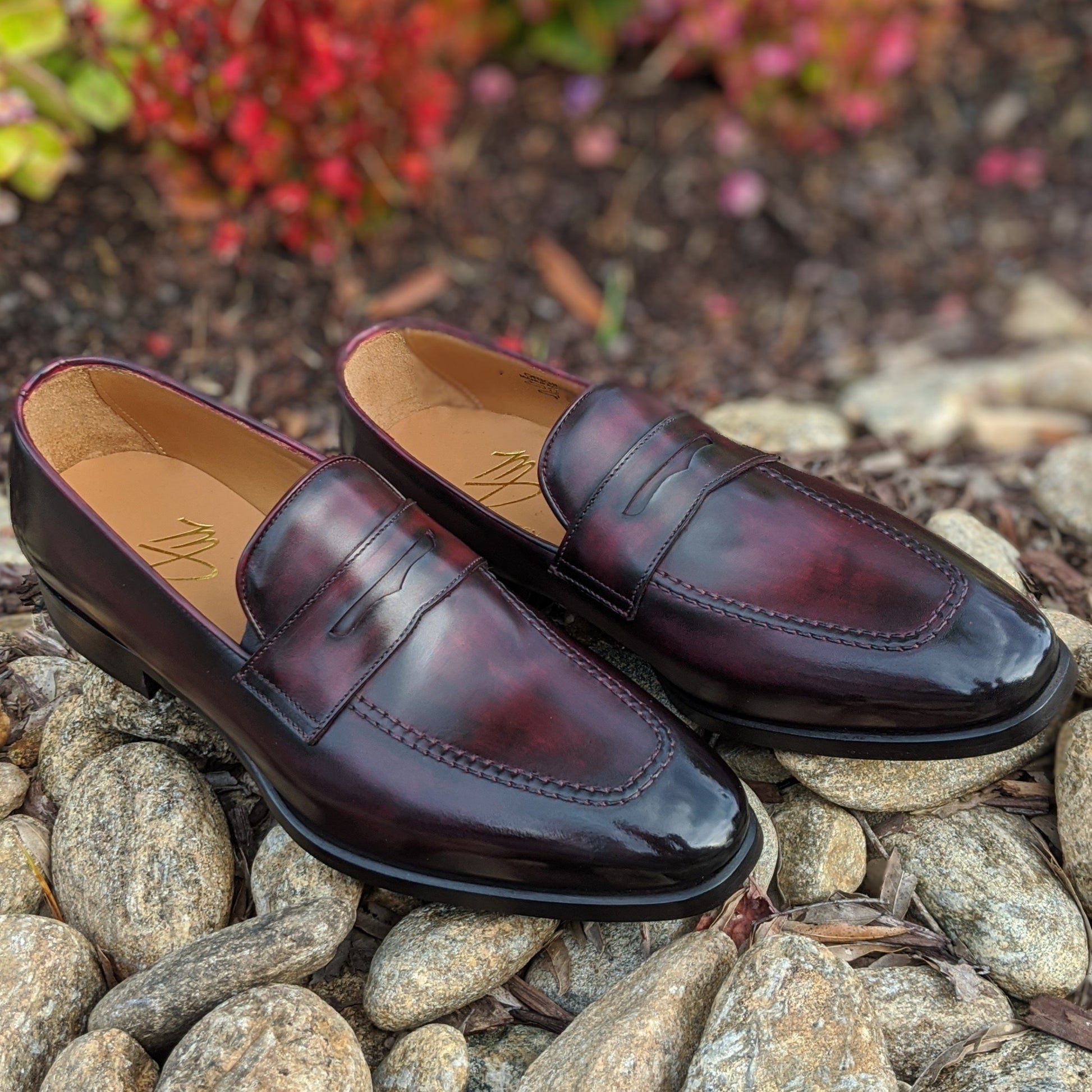 Handmade Italian leather Black Cherry Penny Loafer with penny strap, men's dress shoe by Michael Darren Shoes