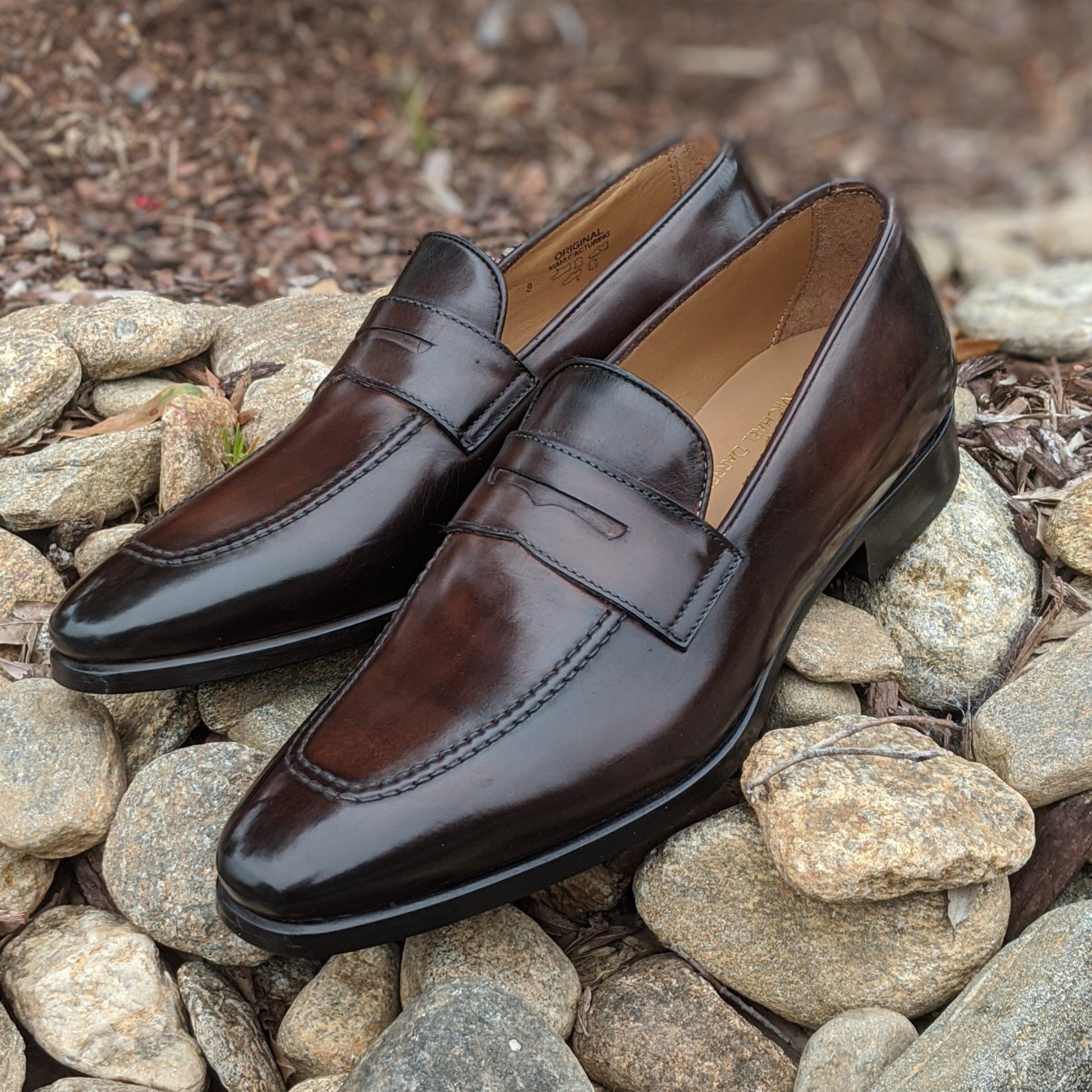 Handmade Italian leather Chocolate Brown Penny Loafer with penny strap, men's dress shoe by Michael Darren Shoes