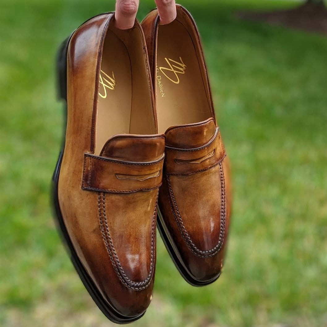 Handmade Italian leather Cuoio Penny Loafer with penny strap, men's dress shoe by Michael Darren Shoes