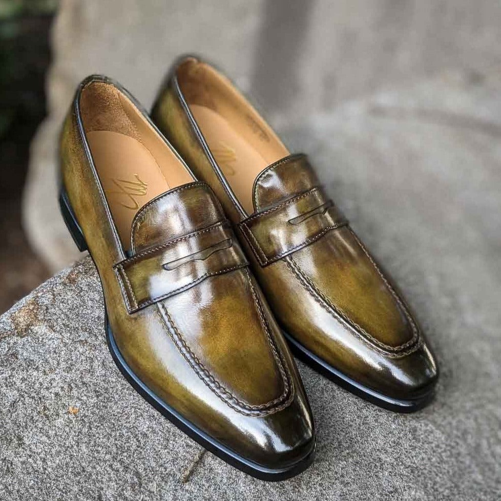 Handmade Italian leather Olive Penny Loafer with penny strap, men's dress shoe by Michael Darren Shoes