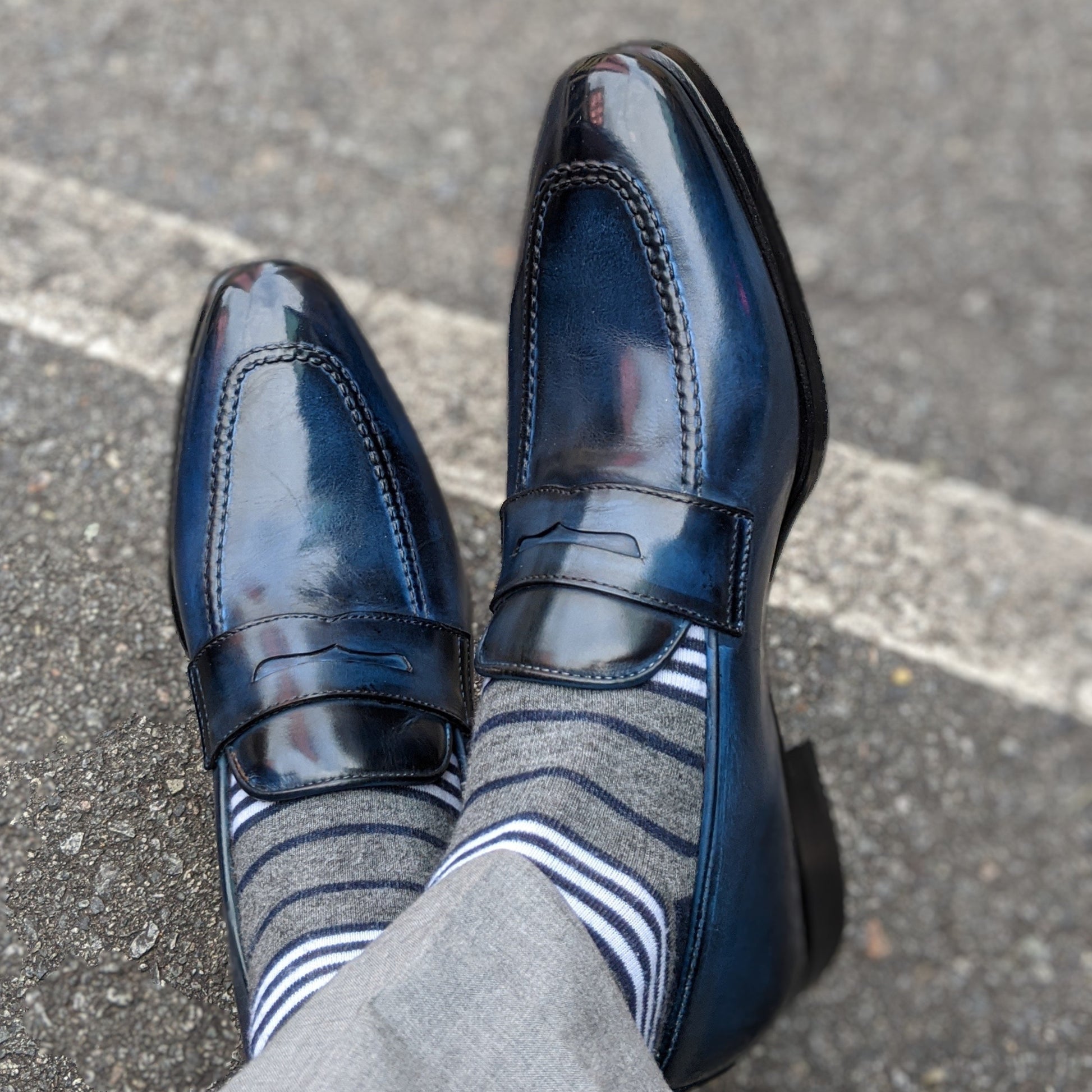 Handmade Italian leather Sapphire Blue Penny Loafer with penny strap, men's dress shoe by Michael Darren Shoes