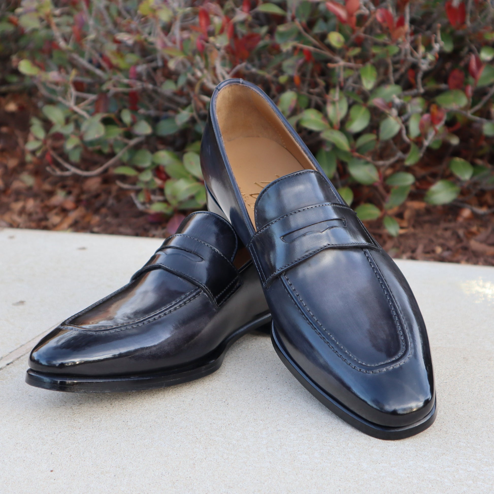 Handmade Italian leather Smoke Grey Penny Loafer with penny strap, men's dress shoe by Michael Darren Shoes