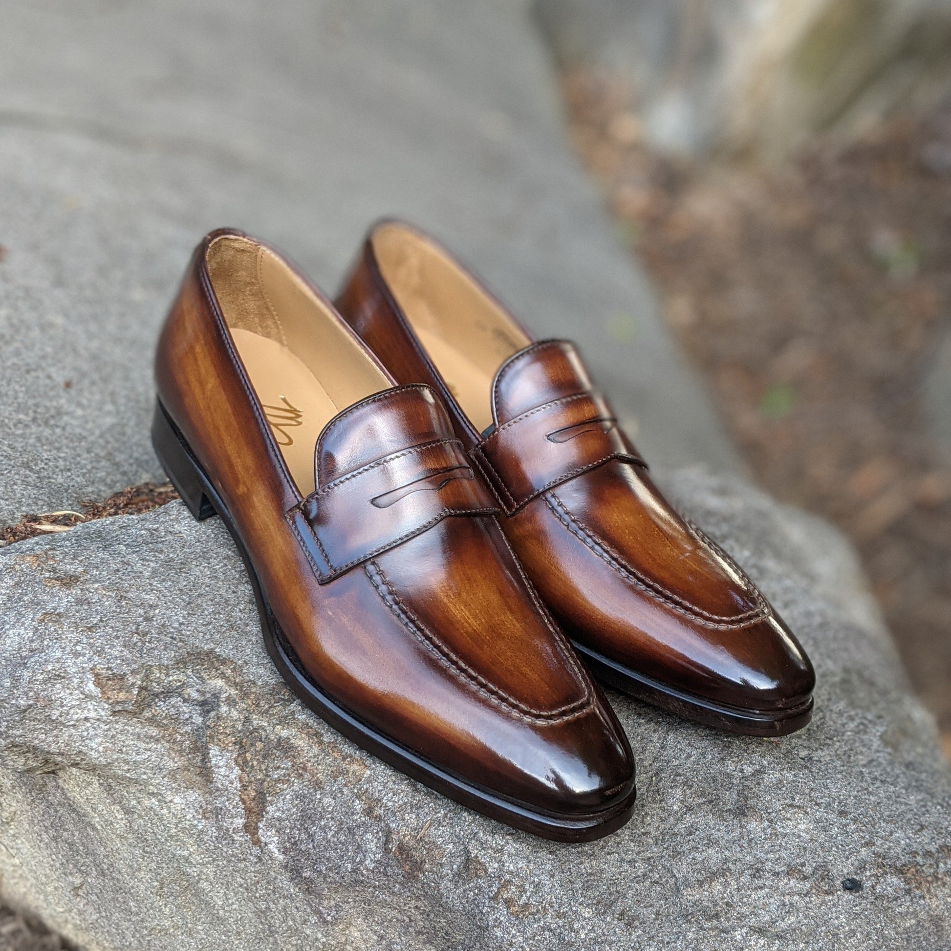 Handmade Italian leather Walnut Penny Loafer with penny strap, men's dress shoe by Michael Darren Shoes