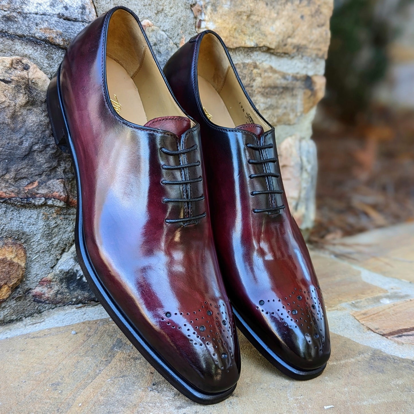 Handmade Italian leather Black Cherry Medallion Wholecut, men's dress shoe by Michael Darren Shoes