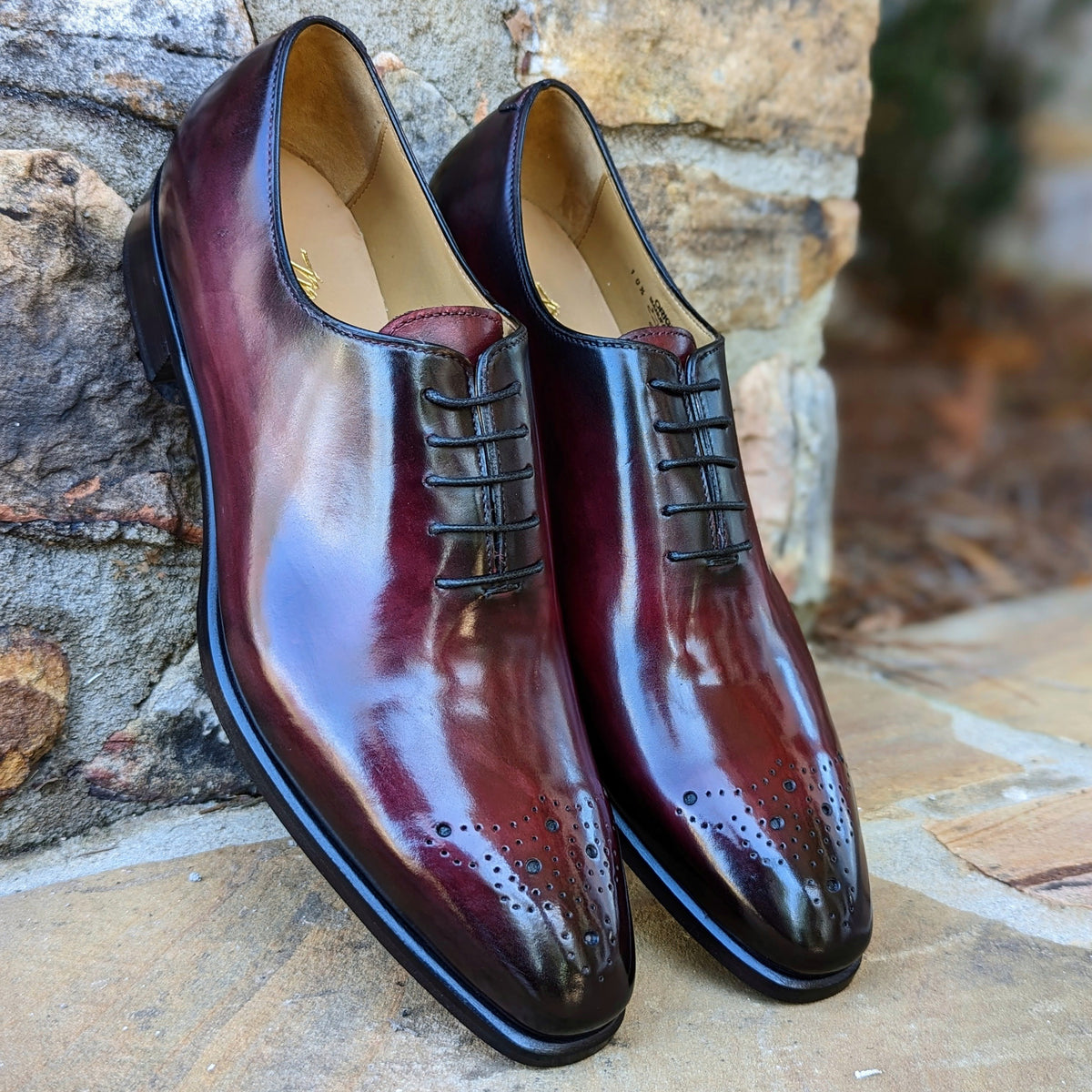 Handmade Italian leather Black Cherry Medallion Wholecut, men's dress shoe by Michael Darren Shoes