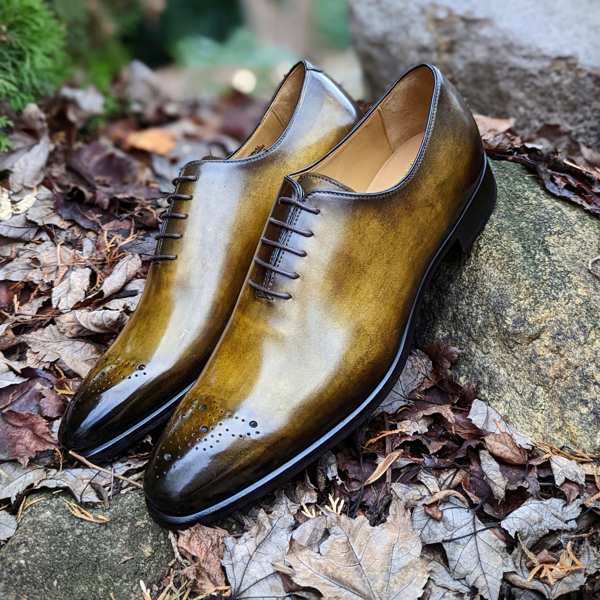 Handmade Italian leather Olive Green Medallion Wholecut, men's dress shoe by Michael Darren Shoes