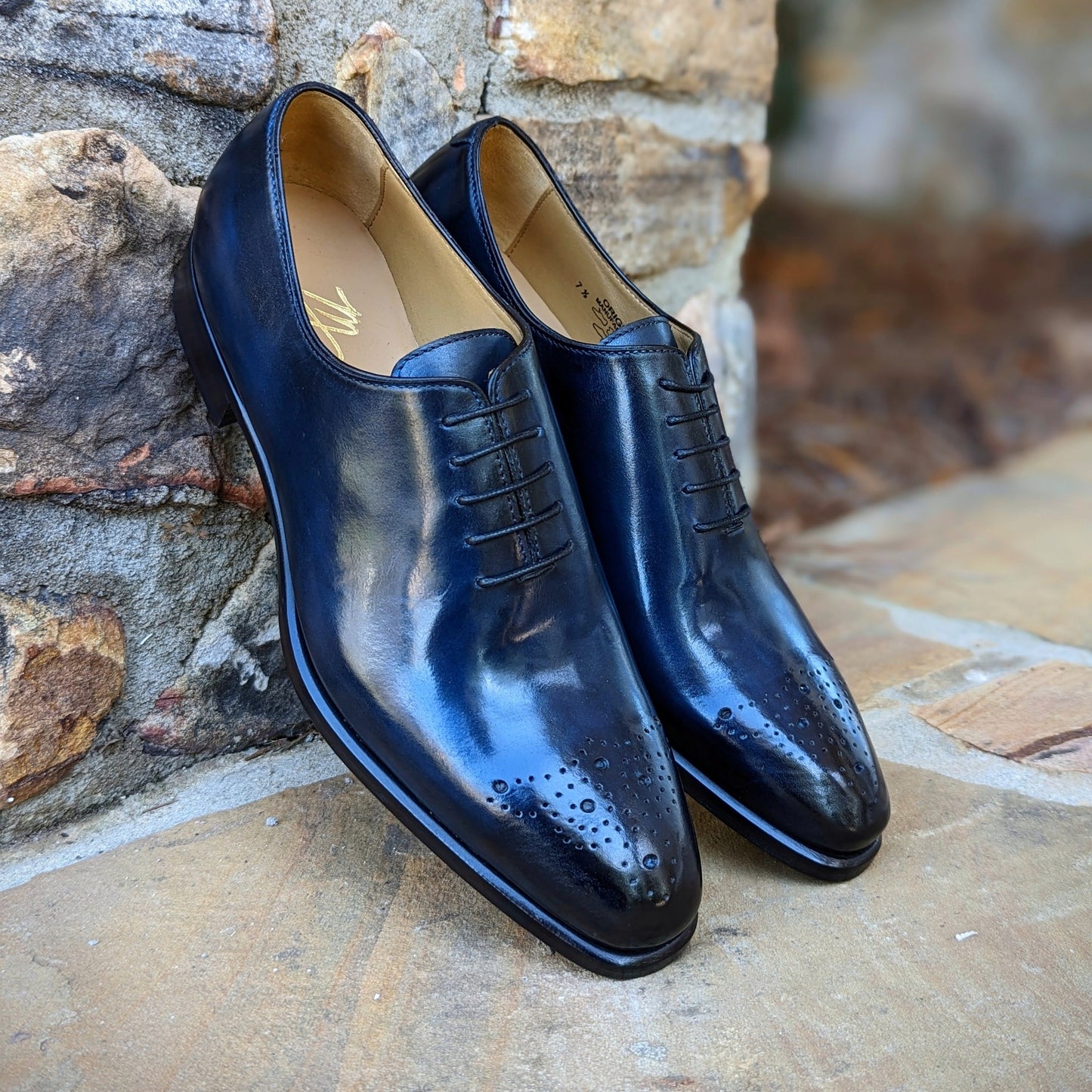 Handmade Italian leather Sapphire Blue Medallion Wholecut, men's dress shoe by Michael Darren Shoes
