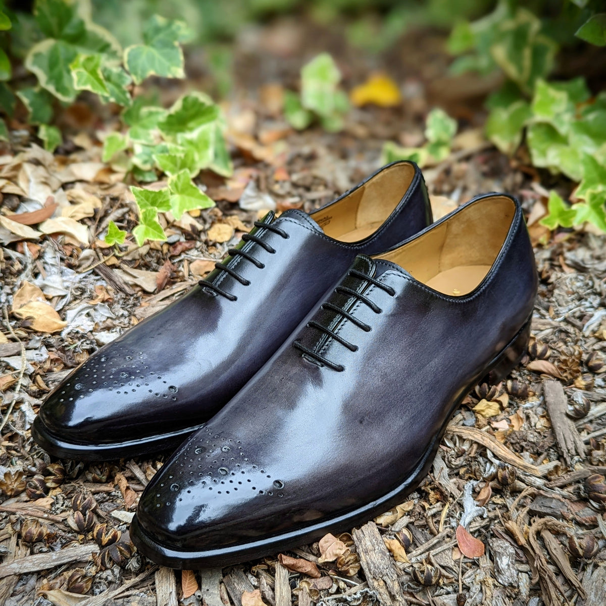 Handmade Italian leather Smoke Grey Medallion Wholecut, men's dress shoe by Michael Darren Shoes