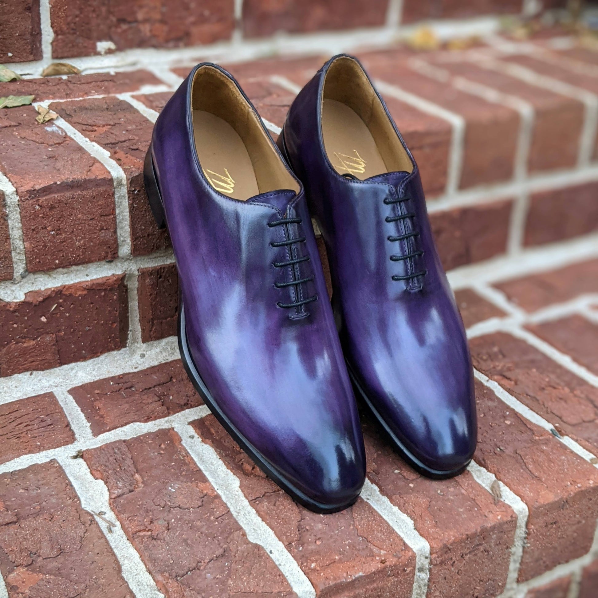 Handmade Italian leather Aubergine
Wholecut Oxford, men's dress shoe by Michael Darren Shoes