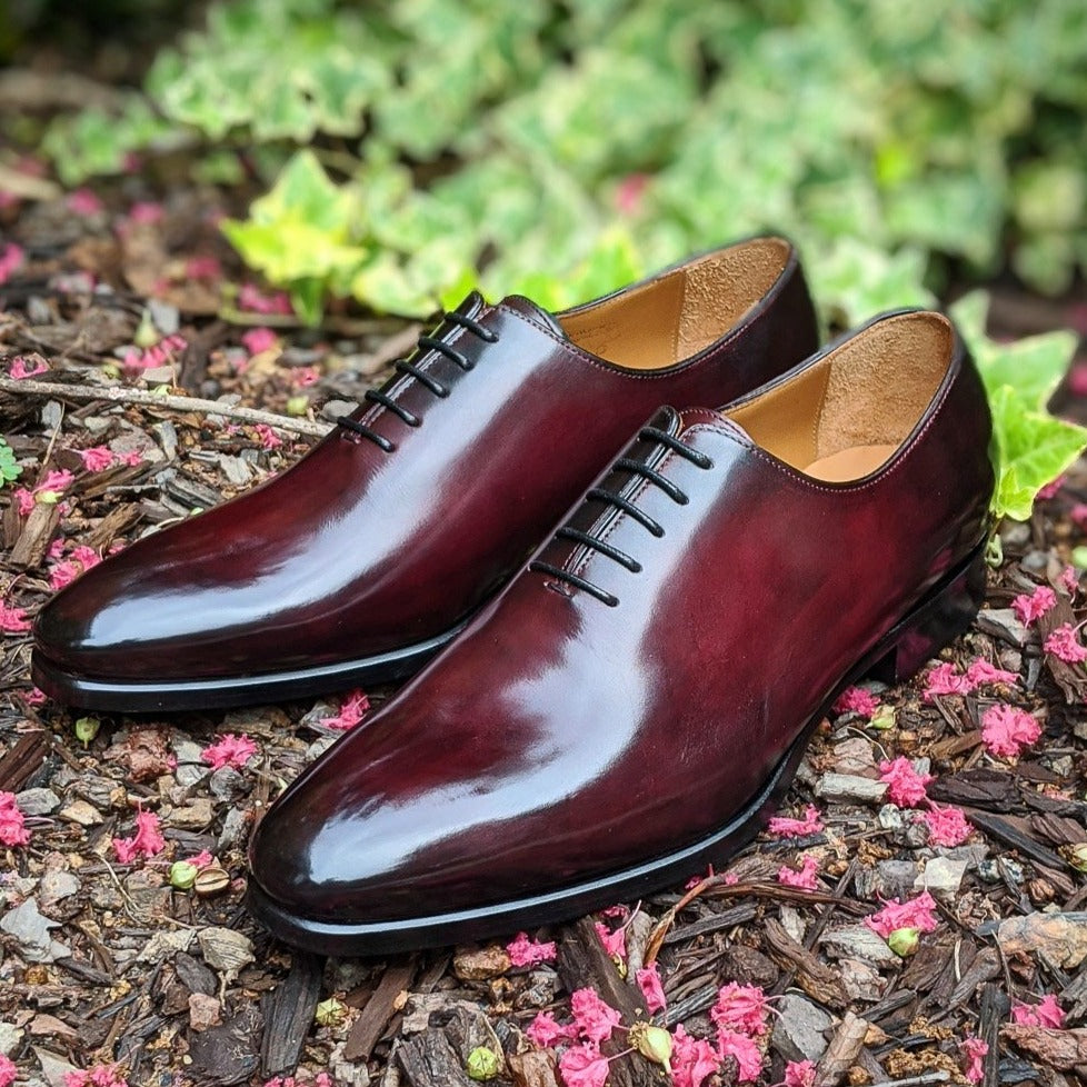 Handmade Italian leather Black Cherry Wholecut Oxford, men's dress shoe by Michael Darren Shoes
