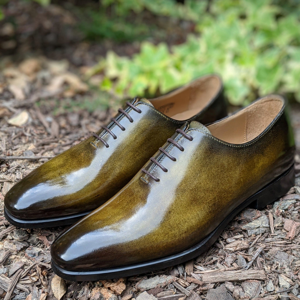Handmade Italian leather Olive Green Wholecut Oxford, men's dress shoe by Michael Darren Shoes