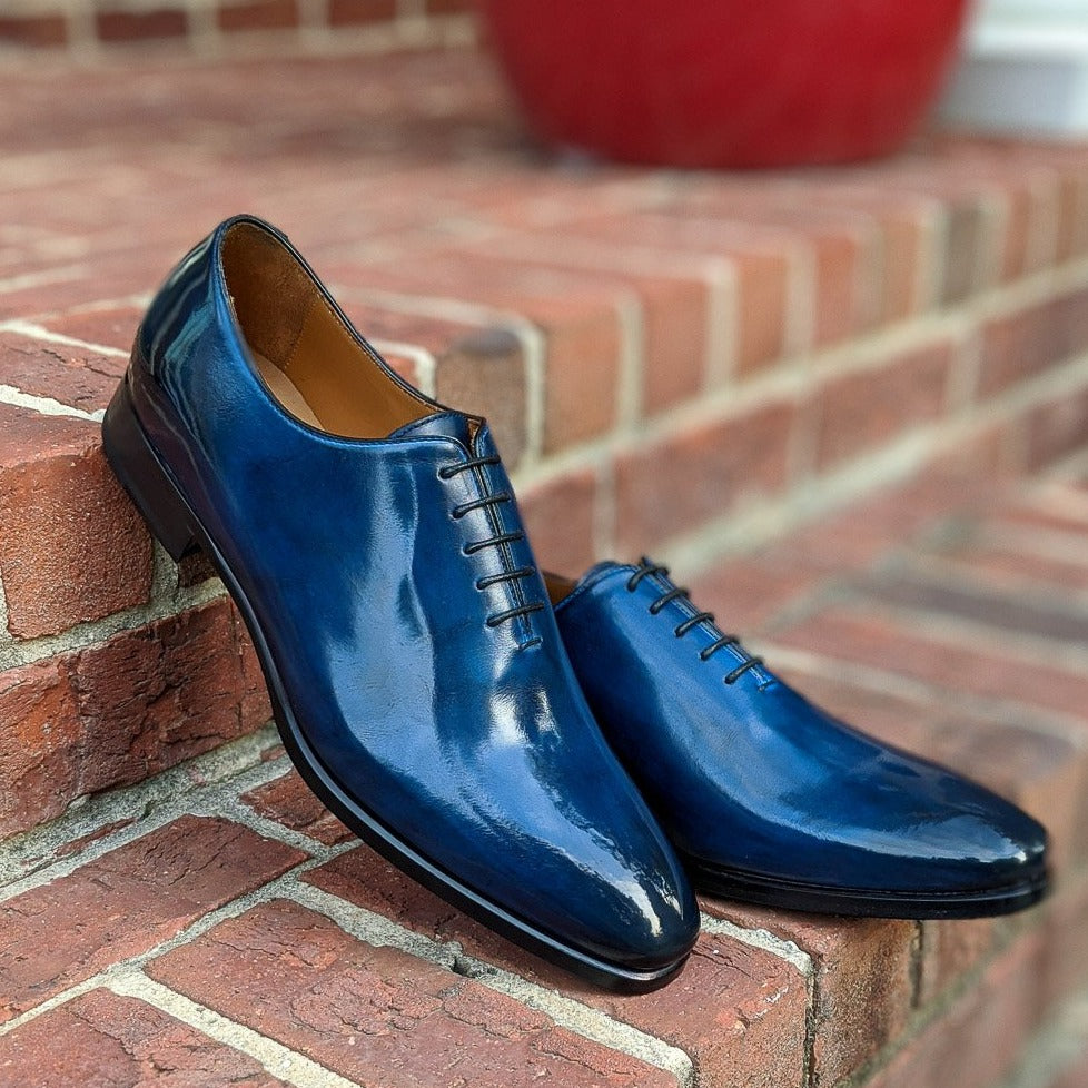 Handmade Italian leather Sapphire Blue Wholecut Oxford, men's dress shoe by Michael Darren Shoes