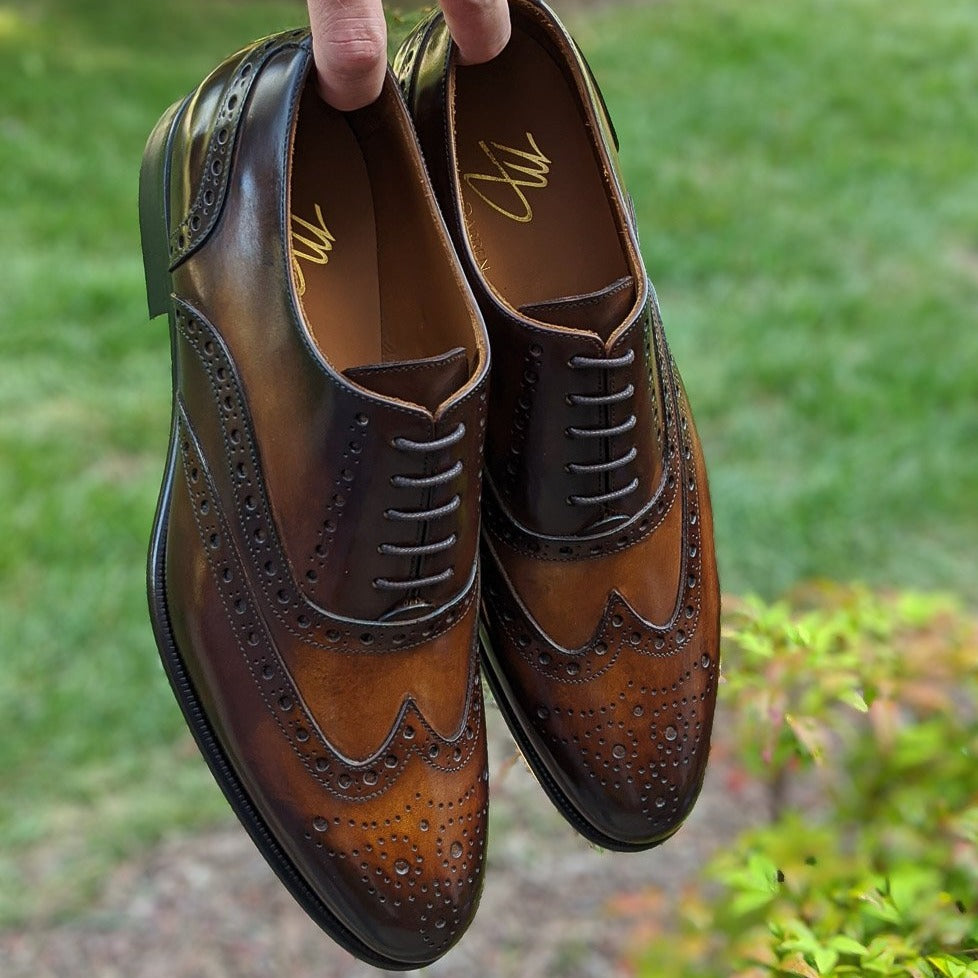 Handmade Italian leather Oak Brown Wingtip Oxford, men's dress shoe by Michael Darren Shoes