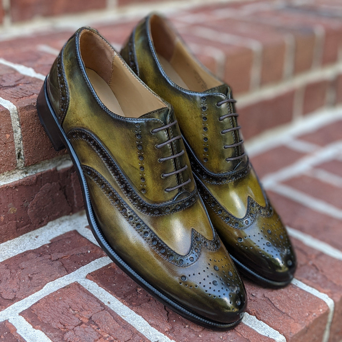 Handmade Italian leather Olive Green Wingtip Oxford, men's dress shoe by Michael Darren Shoes