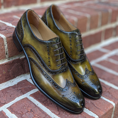 Handmade Italian leather Olive Green Wingtip Oxford, men's dress shoe by Michael Darren Shoes
